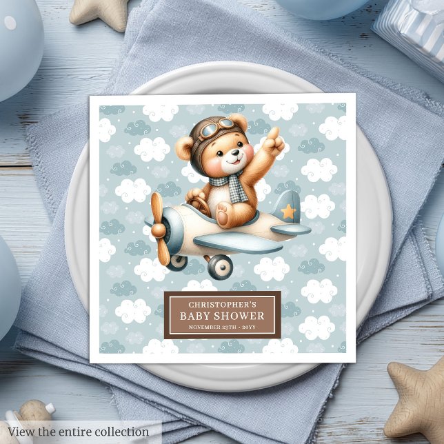 Serviette En Papier Bébé Garçon Douche serviettes Teddy Ours Pilote Co (Baby Boy Shower Napkins Teddy Bear Pilot Design)