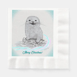 Serviette En Papier Bébé loutre de mer blanche mignonne, Joyeux Noël