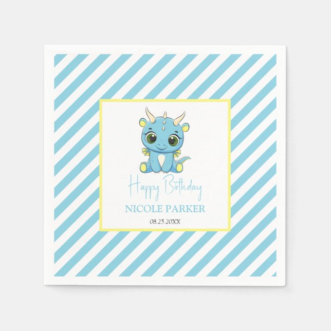 Serviette En Papier Bébé mignon Dragon Bleu Stripes Anniversaire (Devant)