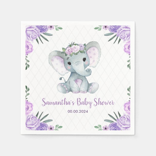 Serviette En Papier Bébé mignon Eléphant Fille Purple Papier Floral Na (Devant)