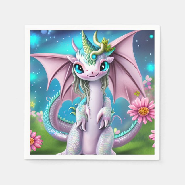 Serviette En Papier Bébé mignon et souriant Dragon aux fleurs (Devant)