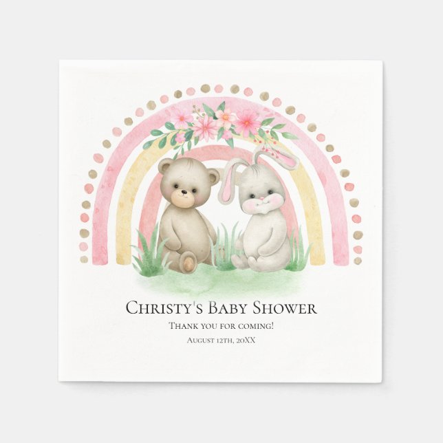 Serviette En Papier Bébé Ours Arc-en-ciel Fille | Baby shower serviett (Devant)