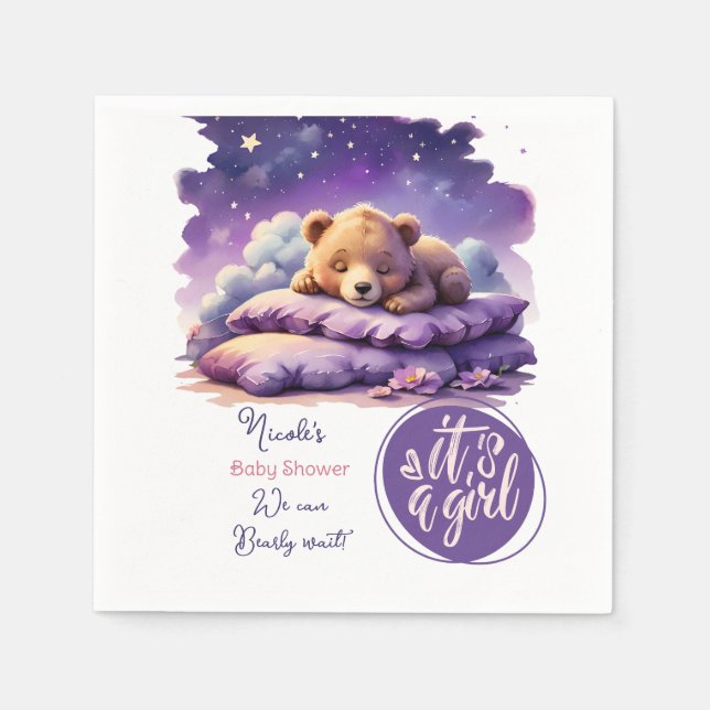 Serviette En Papier Bébé ours dormant violet Galaxy Baby shower fille (Devant)