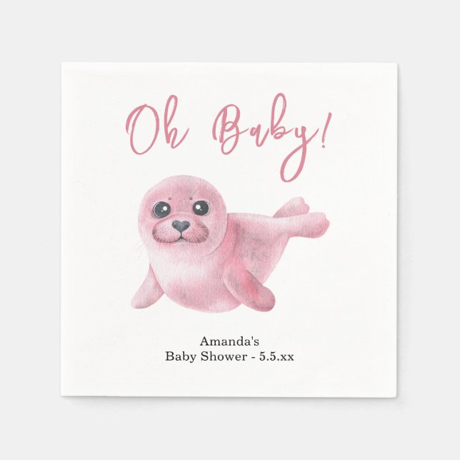 Serviette En Papier Bébé Phoque Rose Baby Shower (Devant)