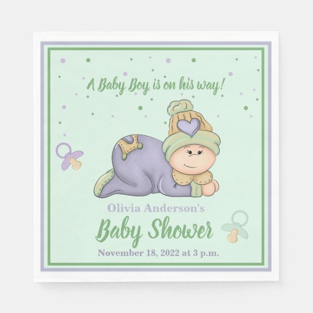 Serviette En Papier Bébé Snuggle - Baby shower vert & violet (Devant)