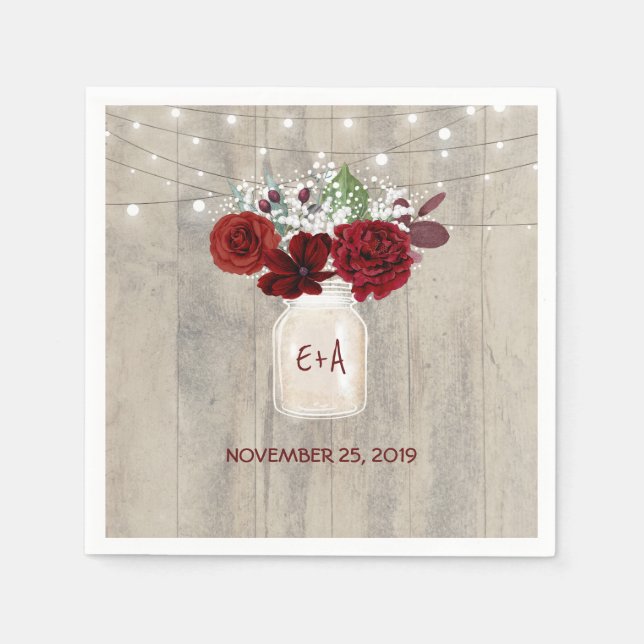 Serviette En Papier Bébé souffle et Bourgogne Floral Mason Jar Rustiqu (Devant)