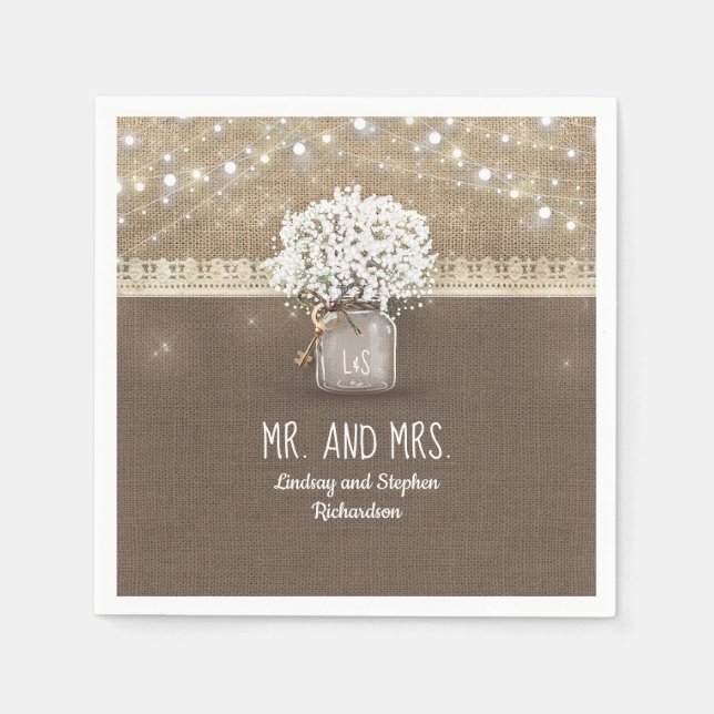 Serviette En Papier Bébé's Breath Mason Jar Rustic Burlap Mariage (Devant)