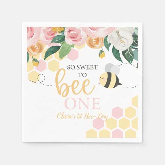 Serviette En Papier Bee Day Bumblebee 1er anniversaire rose floral (Devant)