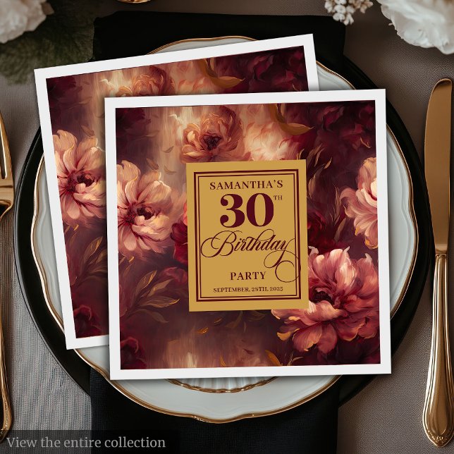 Serviette En Papier Belle Aquarelle Burgundy Blush Or 30e (Beautiful Burgundy Blush Gold Watercolor 30th Birthday)