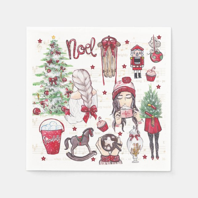 Serviette En Papier Belle Aquarelle Rouge éléments de Noël (Devant)