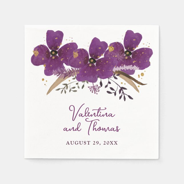 Serviette En Papier Belle Aquarelle Violet Fleurs Papier Napkin (Devant)