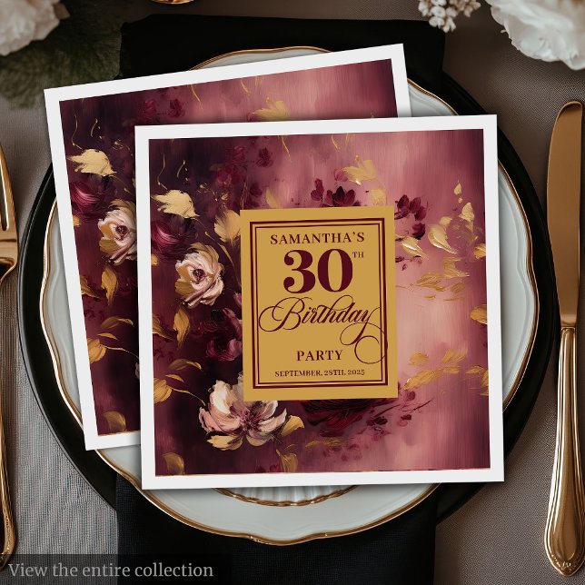 Serviette En Papier Belle Bourgogne Blush Gold 30e Anniversaire servie (Lovely Burgundy Blush Gold 30th Birthday Napkins)