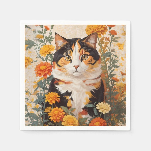 Serviette En Papier Belle Chat Calico Avec Fleurs Marigold (Devant)