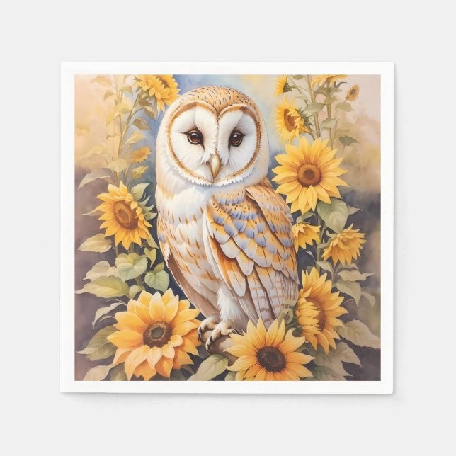 Serviette En Papier Belle Chouette Et Fleurs De Soleil (Devant)
