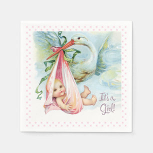 Serviette En Papier Belle douche vintage de bébé de cigogne