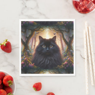 Serviette En Papier Belle Fluffy Chat Noir avec yeux or
