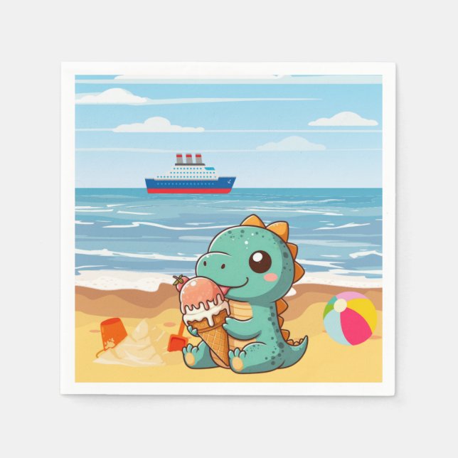Serviette En Papier Belle glace manger dino à la plage (Devant)