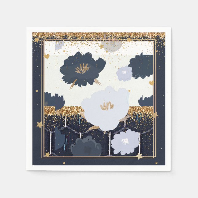 Serviette En Papier Belle Marine Bleu et Gold Floral Design (Devant)