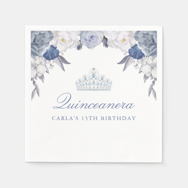 Serviette En Papier Belle Quinceanera Florale Bleue (Devant)