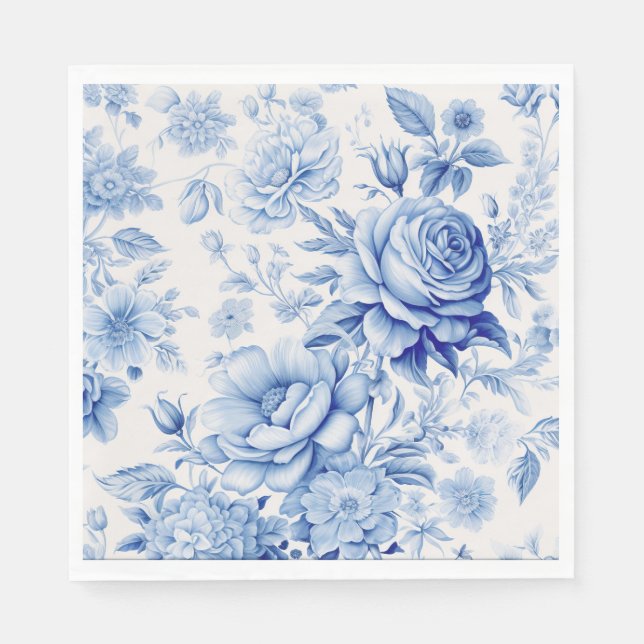 Serviette En Papier Belle Roses et Fleurs sauvages Bleus & Blancs (Devant)