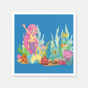Serviette En Papier Belle sirène PINK HAIR jouant dans la mer