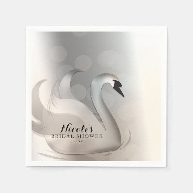 Serviette En Papier Belle Swan Blanc & Argent Élégante fête personnali (Devant)