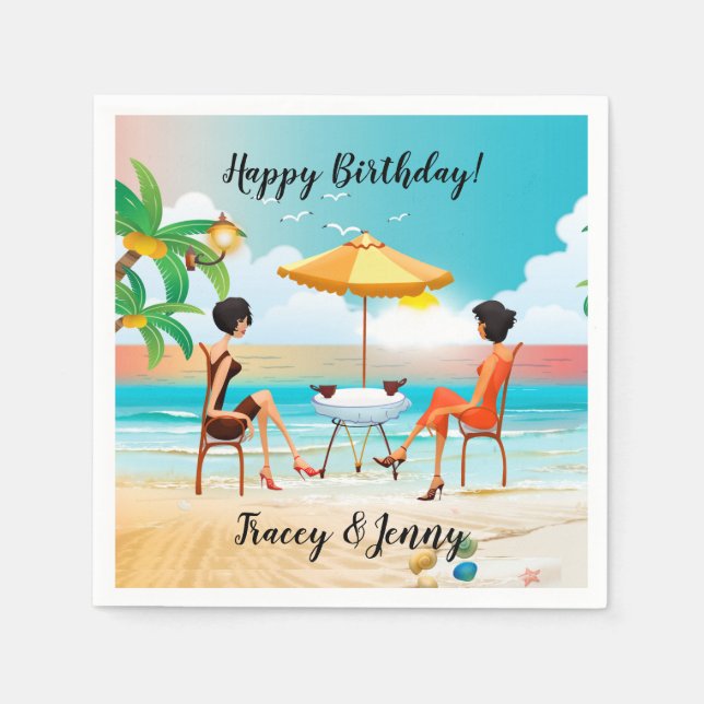 Serviette En Papier Belles Dames À La Plage Anniversaire (Devant)