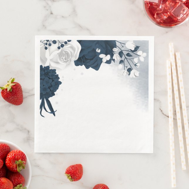 Serviette En Papier Belles fleurs blanches et marines (En situation)