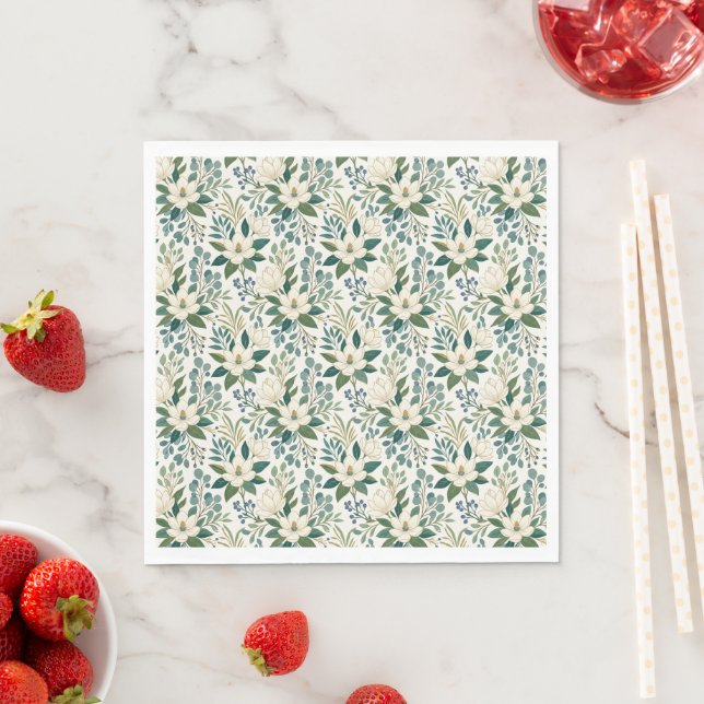 Serviette En Papier Belles fleurs et baies blanches modernes (En situation)