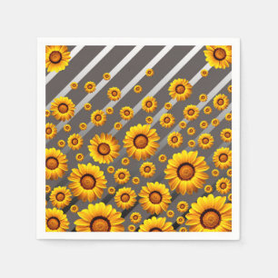 Serviette En Papier Belles fleurs jaunes sur gris, rayures argentées