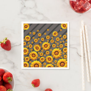 Serviette En Papier Belles fleurs jaunes sur gris, rayures noires