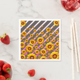 Serviette En Papier Belles fleurs jaunes sur gris, rayures roses