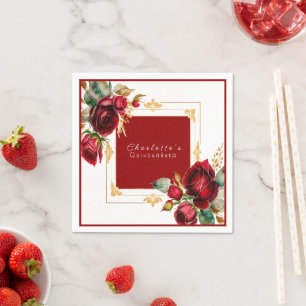 Serviette En Papier Belles Roses Rouges Quinceañera Filigrane Doré