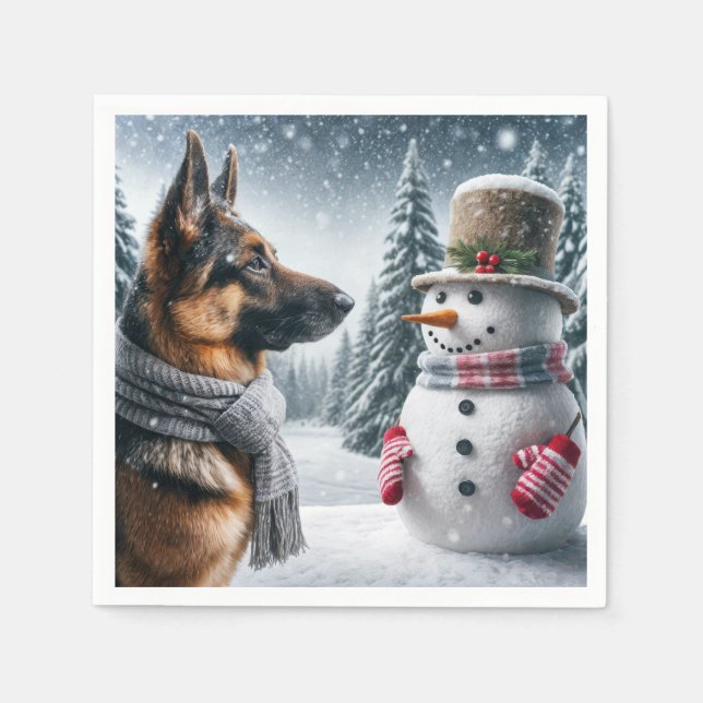 Serviette En Papier Berger Allemand Avec Snowman De Vacances (Devant)