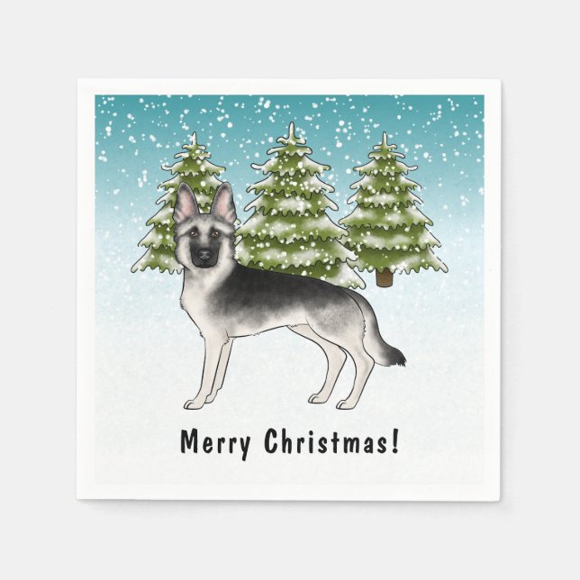 Serviette En Papier Berger Allemand Silver Sable En Hiver Avec Texte (Devant)