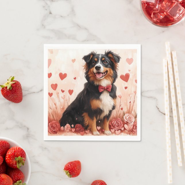 Serviette En Papier Berger Australien avec des Roses - Saint-Valentin  (En situation)