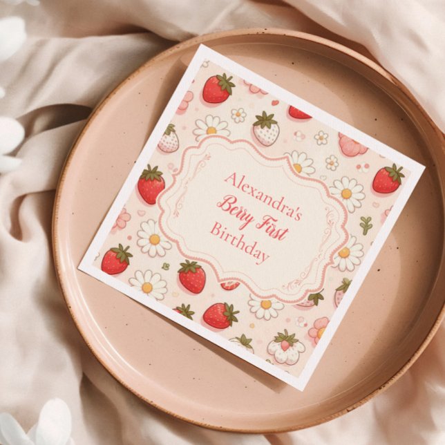 Serviette En Papier Berry aux fraises roses Premier 1er anniversaire (Créateur téléchargé)