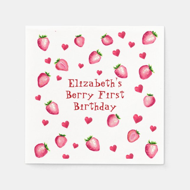 Serviette En Papier Berry First Birthday Party Coeurs fraises (Devant)