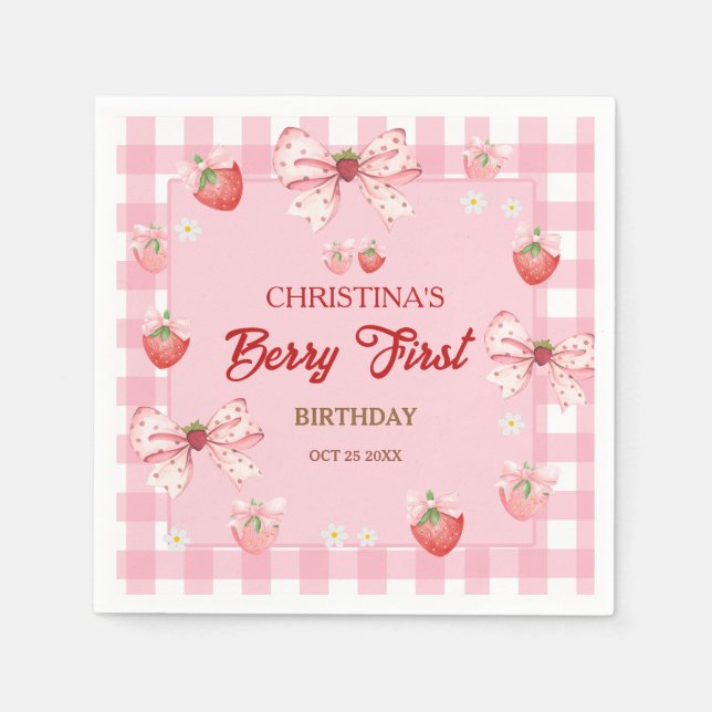 Serviette En Papier Berry first birthday pink strawberry gingham girl (Devant)