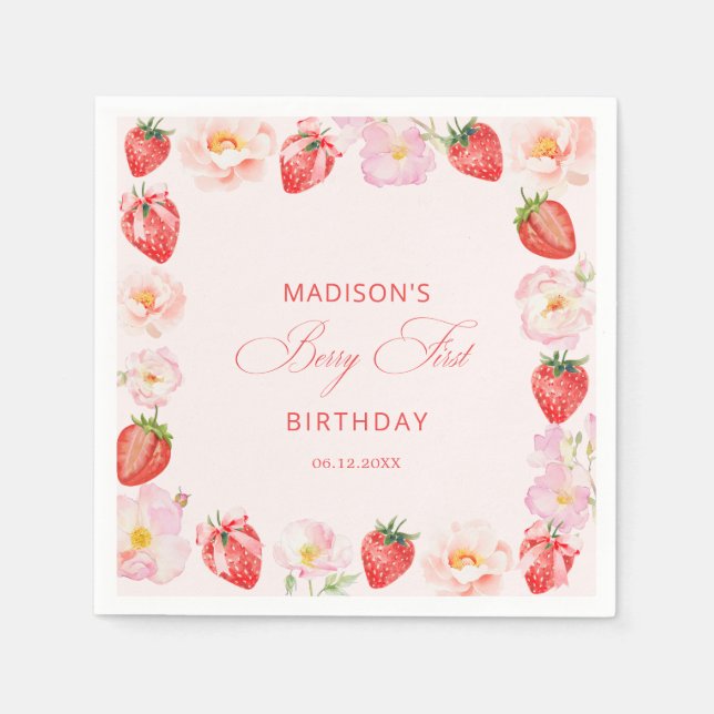 Serviette En Papier Berry First Birthday Strawberry Bow  (Devant)