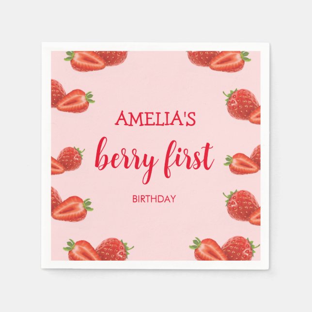 Serviette En Papier Berry First | fraise 1er Anniversaire rose (Devant)