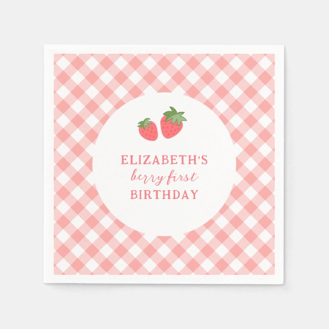 Serviette En Papier Berry First Pink Strawberry Gingham Birthday (Devant)