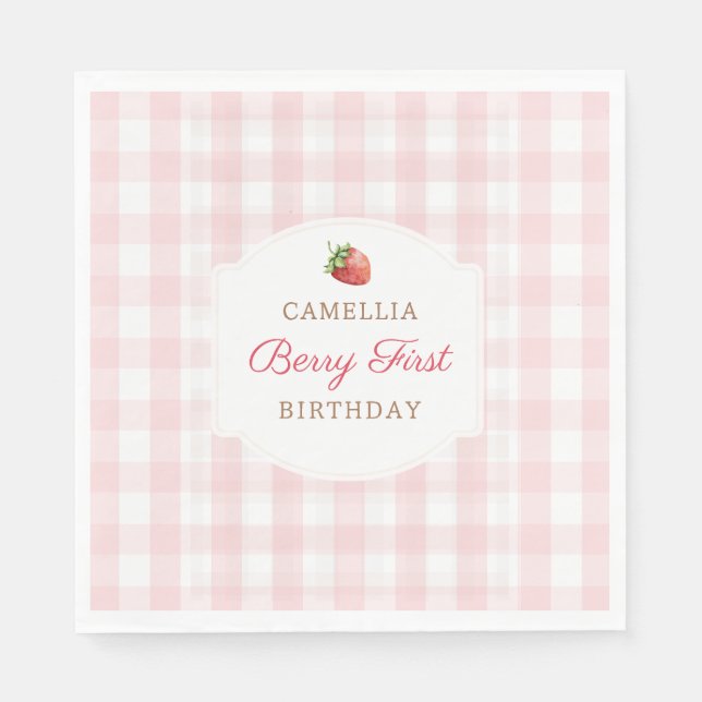 Serviette En Papier Berry First Strawberry Pink Gingham Birthday Party (Devant)