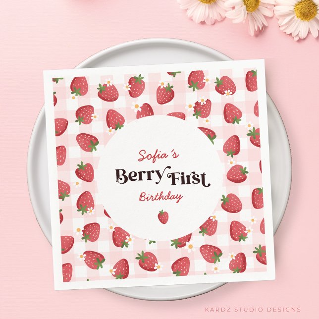 Serviette En Papier Berry fraise Premier anniversaire (This personalized napkins have the size or a cocktail paper napkin. Perfect for a sweet birthday.)