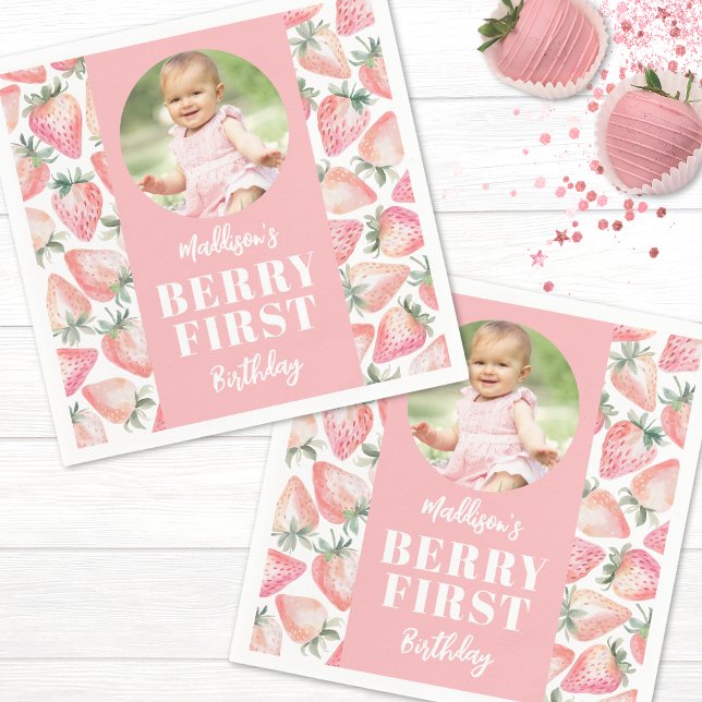 Serviette En Papier Berry fraise première photo 1ère fête d'anniversai (Strawberry Berry First Photo 1st Birthday Party Napkins)