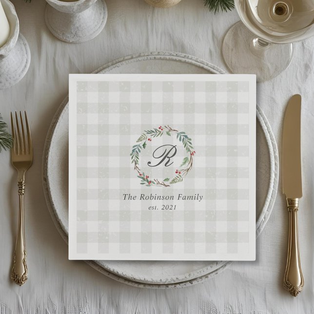 Serviette En Papier Berry Wreath d'hiver Nom de famille Noël initial (Créateur téléchargé)