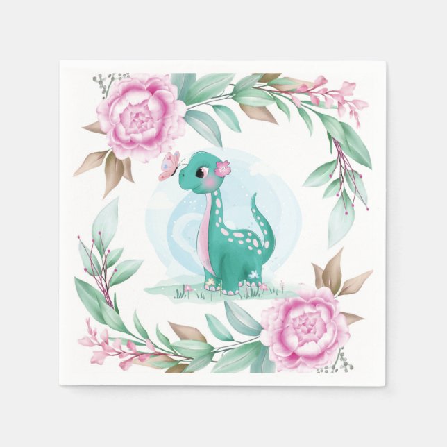 Serviette En Papier Beurre Dinosaure mignon Baby shower de pivoine ros (Devant)