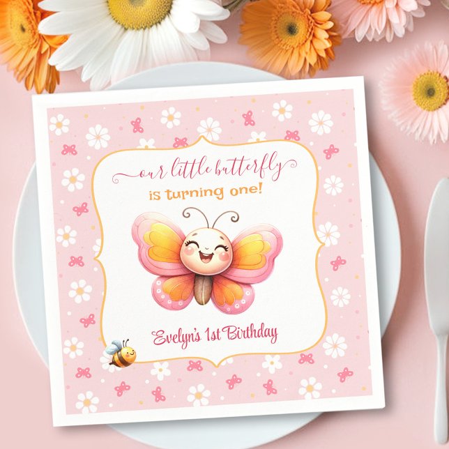 Serviette En Papier Beurre mignon rose florale fille 1er anniversaire (Cute Butterfly Pink Floral Girl 1st Birthday Napkins)