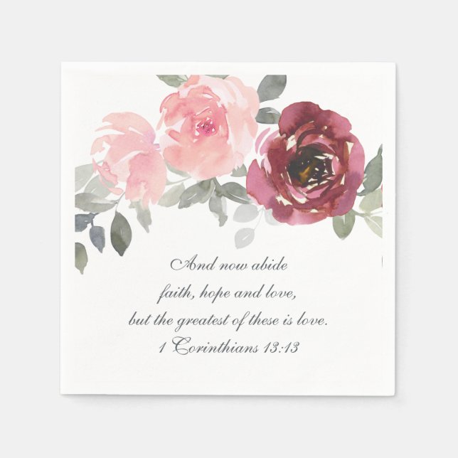 Serviette En Papier Bible florale rose Bourgogne gris Verse Mariage (Devant)