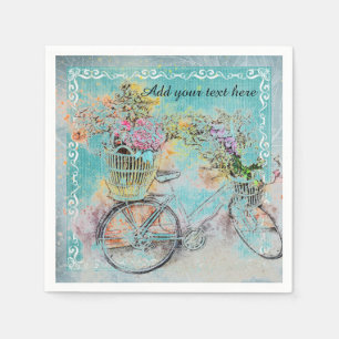 Serviette En Papier Bicycle with flower baskets on blue burlap